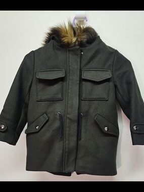 Zara Kids Dark Olive Green Pea Coat with Faux Fur Trim